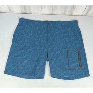 Mack Weldon‎ Board Shorts 43/44 Blue Wave Print Stretch Swim Trunks Zip Pockets
